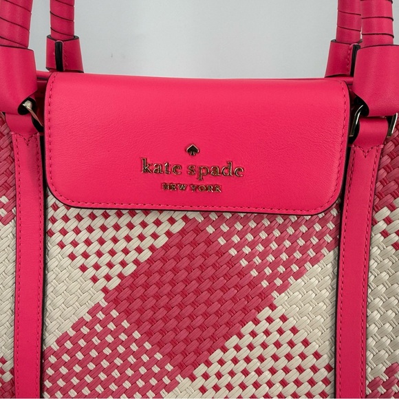 Kate Spade Cruise Gingham Medium Pink and Cream Woven Tote Bag